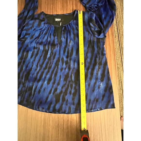 DKNY Blouse XS Blue Black Long Sleeve Sheer Top Ruffle Cuff Women’s Shirt - Picture 5 of 9